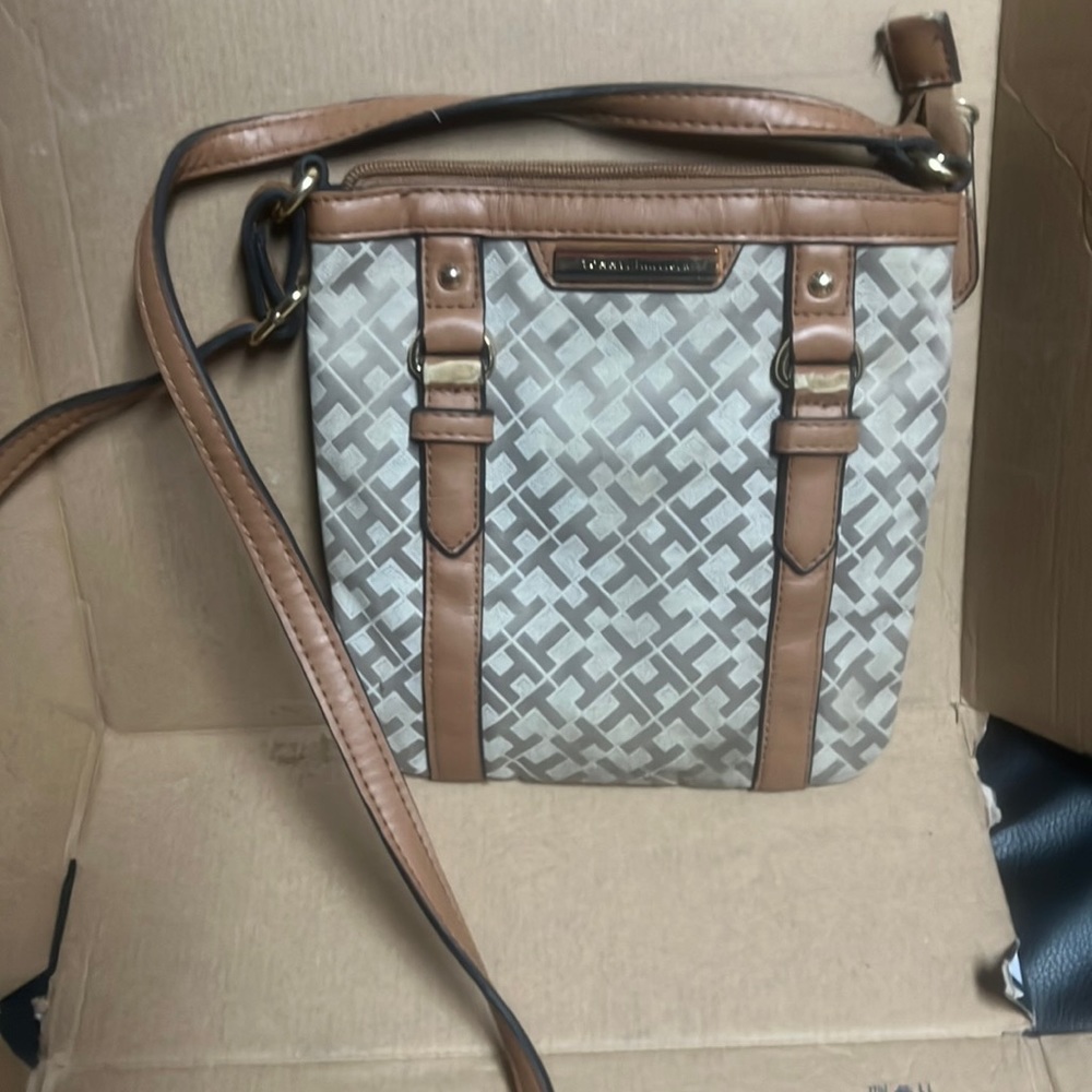 Tommy Hilfiger Crossbody Purse Bag Beige Brown Leather Canvas